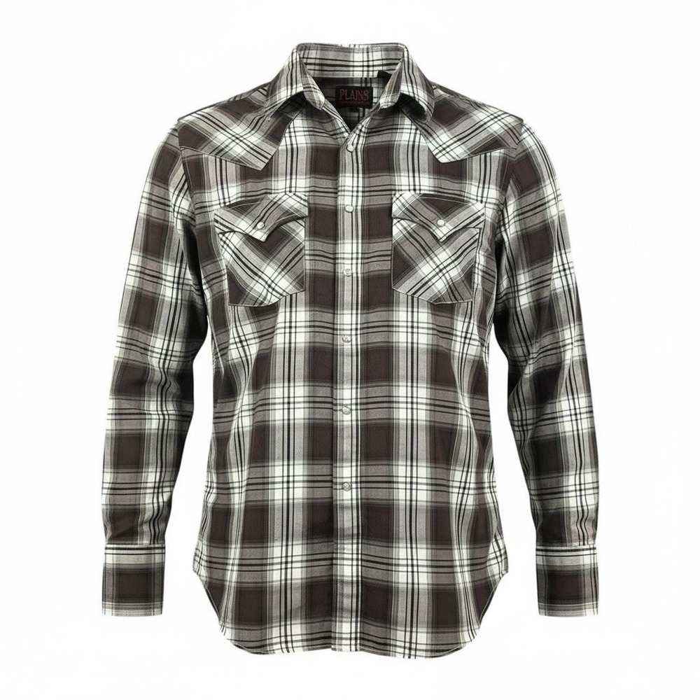 PLAINS WESTERN WEAR‎ Western Shirt Mens Small Brown Plaid Pearl Snap